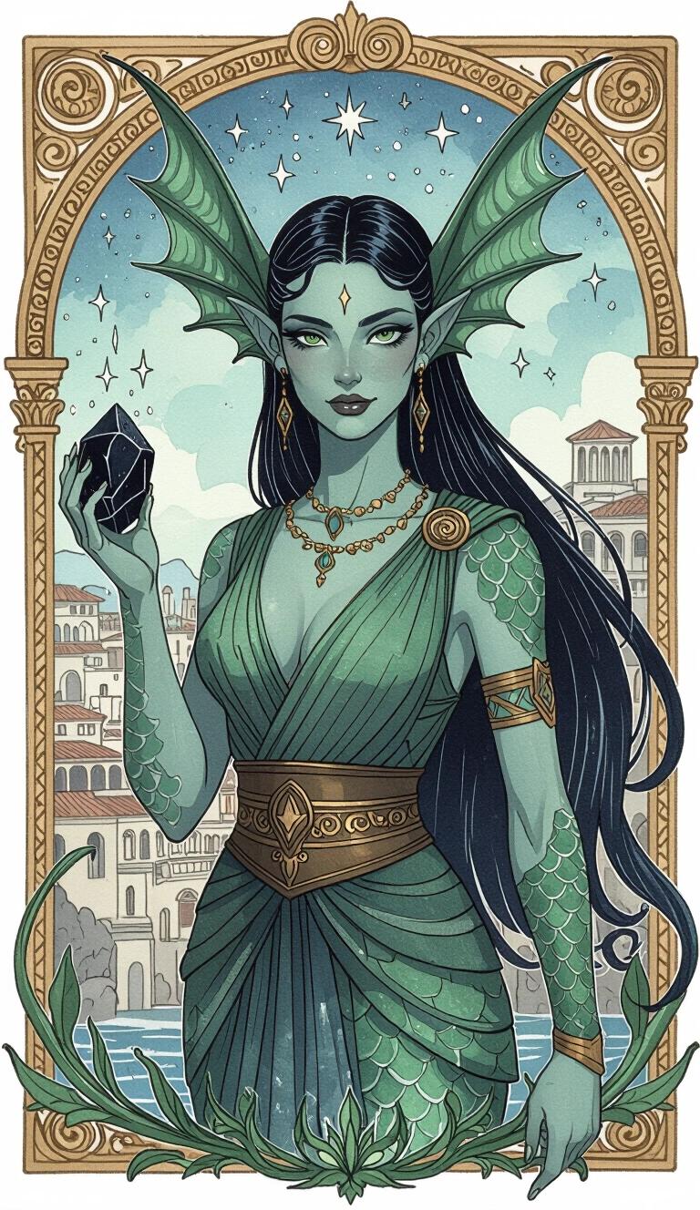 Dark watercolor illustration features Triton female with sharp finned ears and green-blue scaled skin. Background shows Ancient Grecian Fantasy port city. Dressed in ancient Greek clothing, she holds a magic black stone. Character has long slicked-back hair connected to stars. Youthful and voluptuous.