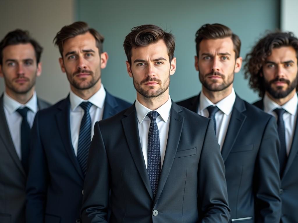 The image displays a group of five well-dressed men in formal suits, arranged in a manner that suggests a corporate environment. Each man has a distinct hairstyle and overall look, yet they share a serious expression, indicating a professional demeanor. Their suits are dark, complemented by light dress shirts and patterned ties, with attention given to their polished appearance. The background is blurred, enhancing the focus on these individuals, making them stand out as a cohesive unit. Soft, even lighting enhances their features, suggesting a serious yet approachable atmosphere in a business setting.