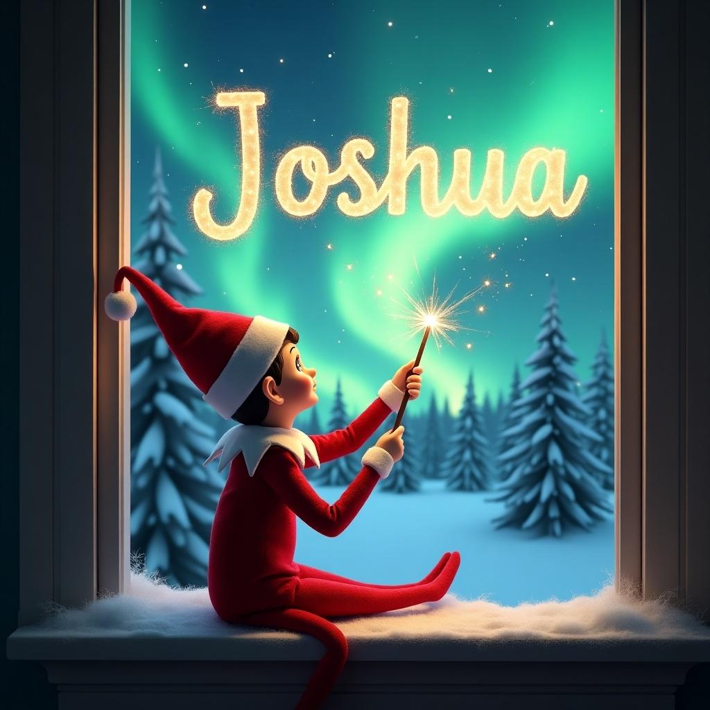 An elf is sitting on a window ledge. The elf is using a magic wand to create twinkling sparks. The background features northern lights and snow-covered trees. The elf is dressed in a red outfit. The name 'Joshua' is written in sparkling letters above.