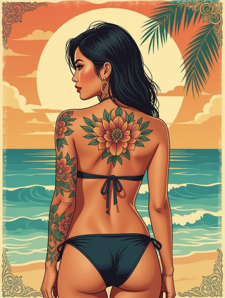 Stylish Asian woman with tattoos wearing a bikini standing on the beach. Beautiful sunset in the background. Dark hair cascading down back with decorative tattoos featuring flowers and foliage. Elegant and confident pose exuding beach vibes and summer spirit.