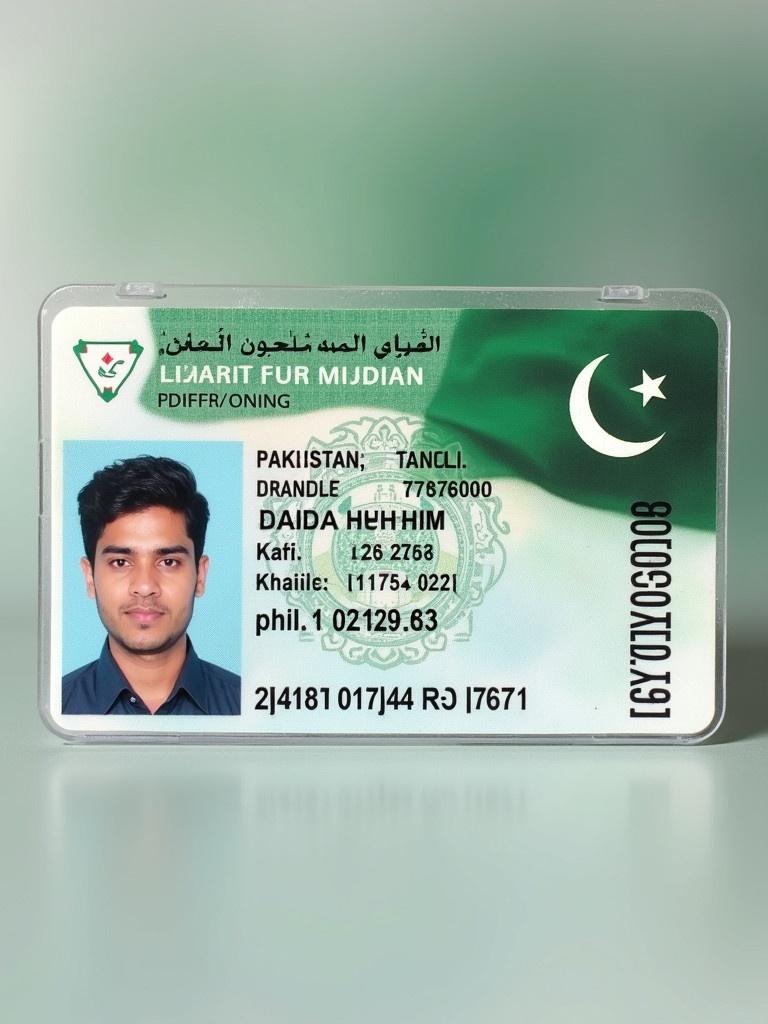 A Pakistan ID card with national flag and personal details. The card includes ID number and name for identity verification purposes. Emphasis on document features and design.