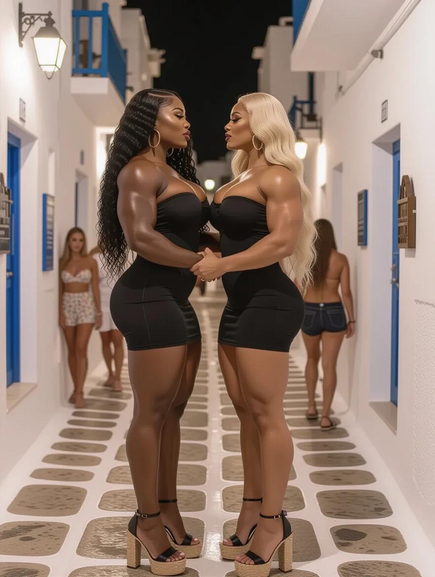 Two muscular women stand in a Mykonos alley. One has dark skin and black curly hair. The other has light skin and blonde wavy hair. Both wear tight black dresses and high heels. They embrace and appear ready to kiss. Background includes other people walking in the alley at night.