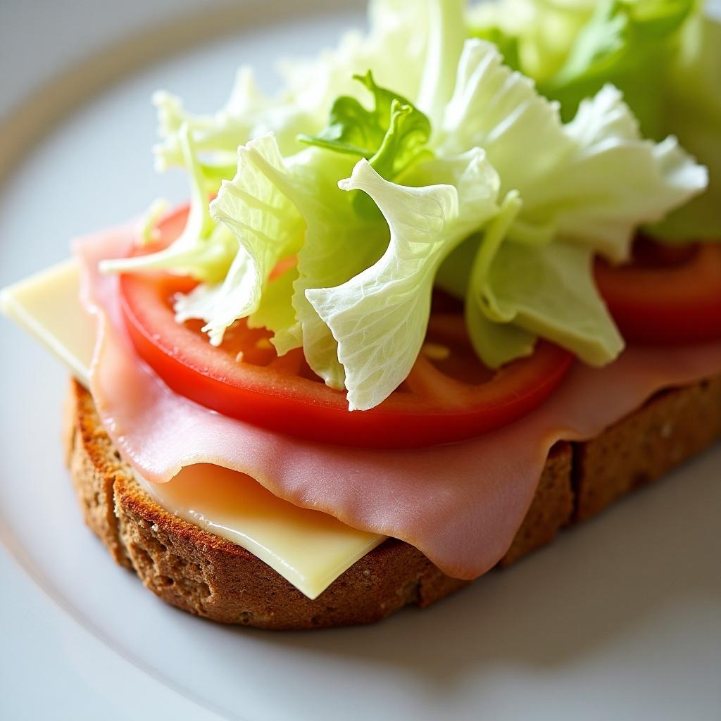 This image depicts an ultra-realistic open-faced ham and cheese toast topped with iceberg lettuce and tomato slices. The sandwich is presented on a white plate, highlighting its fresh and colorful ingredients. The bread is a rich brown, adding texture to the dish. The layers of ham and cheese peek out from under vibrant red tomatoes and crisp green lettuce. The overall appeal is both appetizing and visually pleasing, making it a perfect representation of a light lunch option.