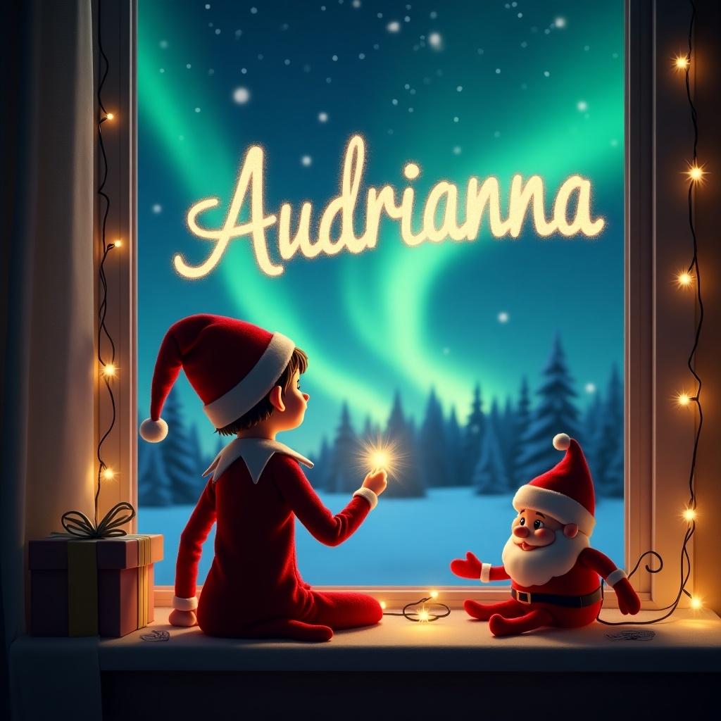 A whimsical scene depicting an elf sitting on a windowsill. The elf is dressed in a red outfit and is magically writing the name 'Audrianna' in sparkling light. Santa Claus can be seen nearby, enhancing the holiday charm. The backdrop features a mesmerizing sky filled with northern lights. Soft, twinkling lights decorate the window, creating a cozy and enchanting atmosphere for the holiday season.