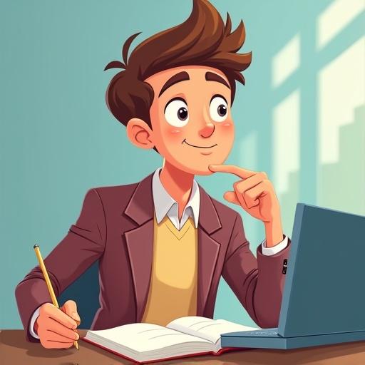 Cartoon style image of a university student studying. Student is making a thinking face while engaged in study. Desk and tools like laptop and notebook visible. Cheerful and focused expression.