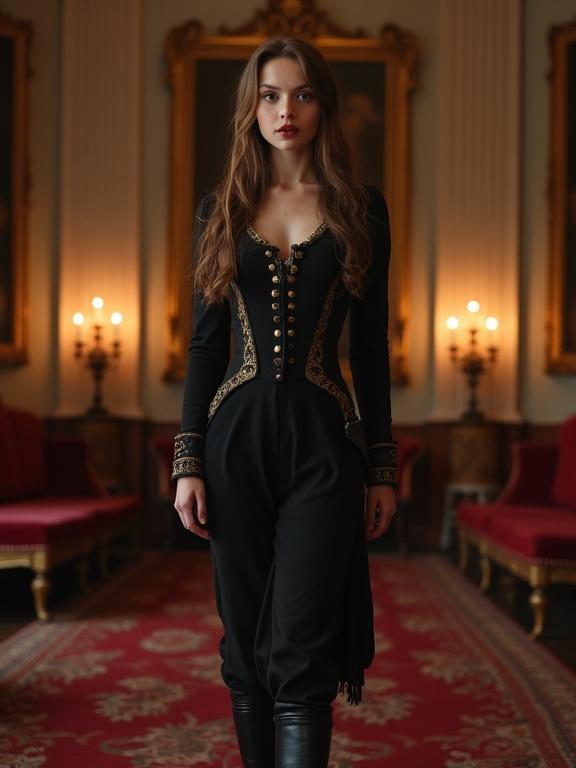 A young woman aged 19 appears with light brown hair, hazel eyes, and visible freckles. She wears an intricate black hussar uniform with buttons, black trousers, and cavalry shoes. Her posture is confident with crossed legs. The setting is a luxurious mansion lit by candles, featuring a carpet and elegant couches.