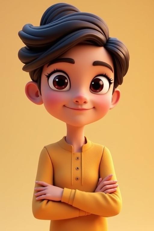 Stylized 3D animated character with Pixar-like visuals. Character has a playful hairstyle and clothing. Pose is confident with arms crossed. Features large expressive eyes and smooth skin. Color tones are vibrant with soft lighting for warmth.