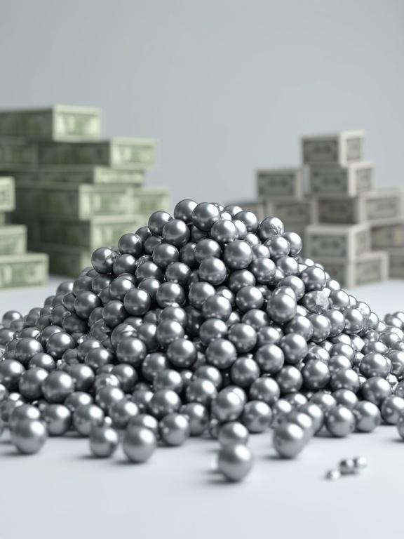 Large pile of metallic spheres with light gray color. Spheres are cascading down to form a mound. Background features stacks of US dollar bills and 1 Kilogram silver bars. Lighting is even in a studio setting. Perspective is slightly angled down on the sphere pile. Spheres are uniform in size with a smooth, glossy reflective surface. Composition is clean and organized, highlighting an industrial and financial theme. Macro view captures the detailed texture of metal spheres.