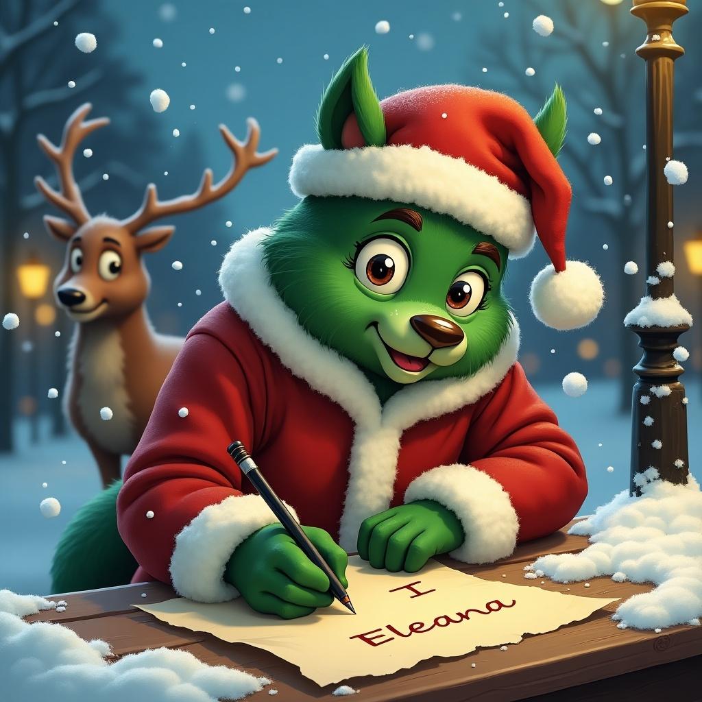 A green furry character in a Santa suit writes on parchment. Character smiles while holding a pen. A reindeer stands behind. Snow falls gently around. Streetlights illuminate the snowy scene.