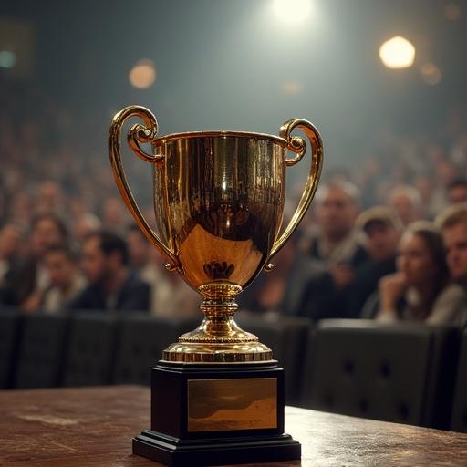 A decorated trophy symbolizing a sports tournament in bright lighting with a blurred crowd background. The theme connects to the video game Company of Heroes three.