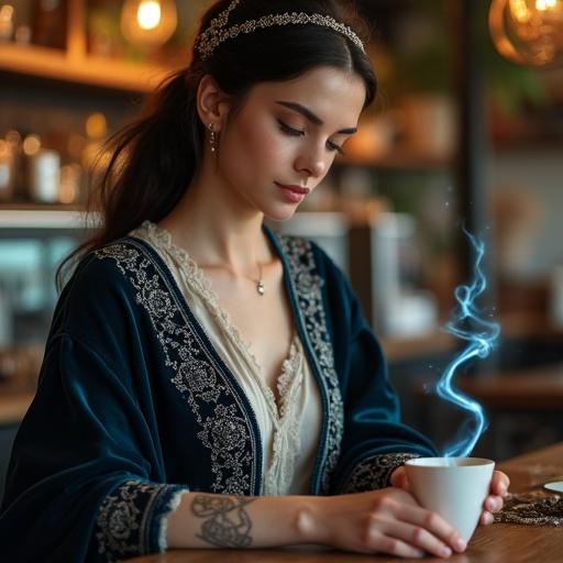 A photorealistic portrait of a beautiful 30-year-old retired witch in a cozy café. She prepares coffee with elegance while wearing modern yet classic clothing. Her long dark hair is tied back with silver hairpieces. Intricate arcane symbols decorate her velvet cloak. Glowing runic tattoos shimmer on her skin. Magical light flickers around her hands. The atmosphere is warm and inviting.