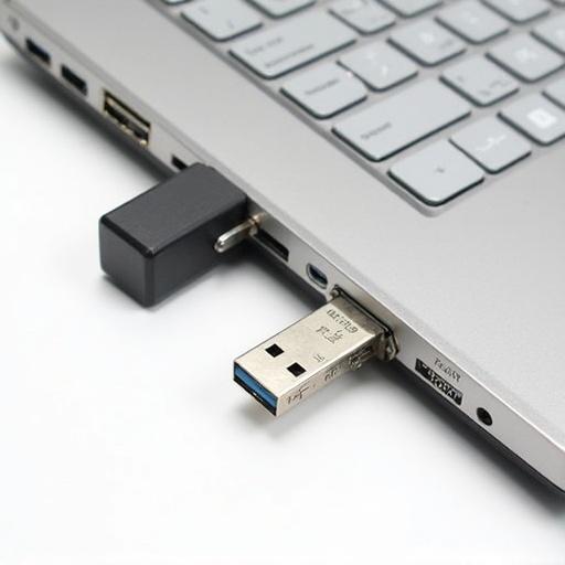 Close-up of a laptop keyboard showcasing USB ports. Focus on USB area for connecting devices. Soft lighting enhances the visual details. Suitable for technology instructional content.
