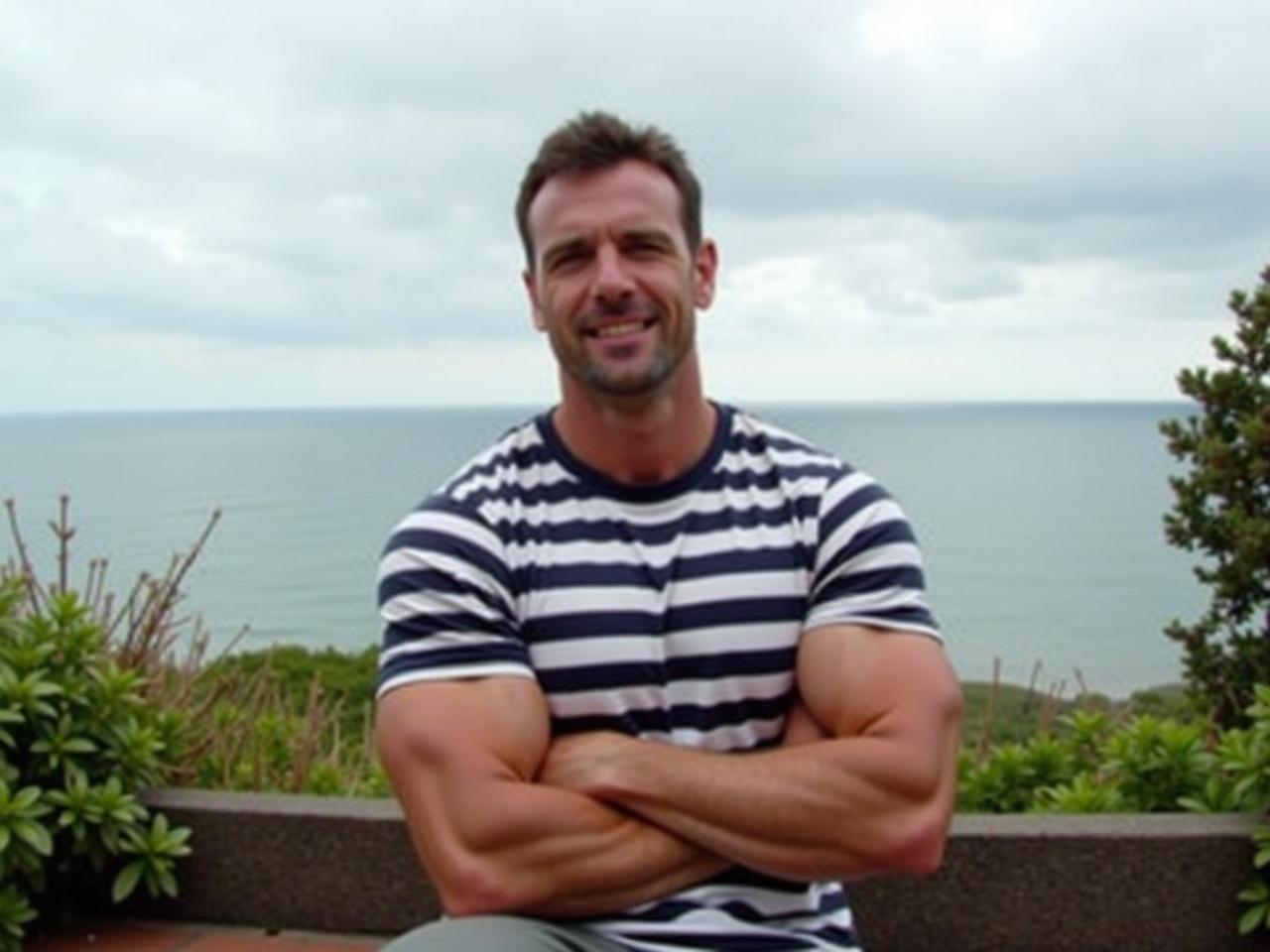 The image shows a man sitting with his arms crossed, wearing a striped t-shirt. He has a muscular build, particularly evident in his arms. The background is a scenic view of the ocean, with a cloudy sky. There are some plants and greenery visible around him, adding to the natural setting. The mood appears calm and relaxed, highlighting the man's confident posture.