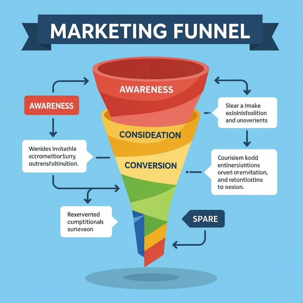 Flowchart diagram illustrating a marketing funnel with three stages. Stages include awareness, consideration, conversion. Colored boxes and arrows direct the flow of information.