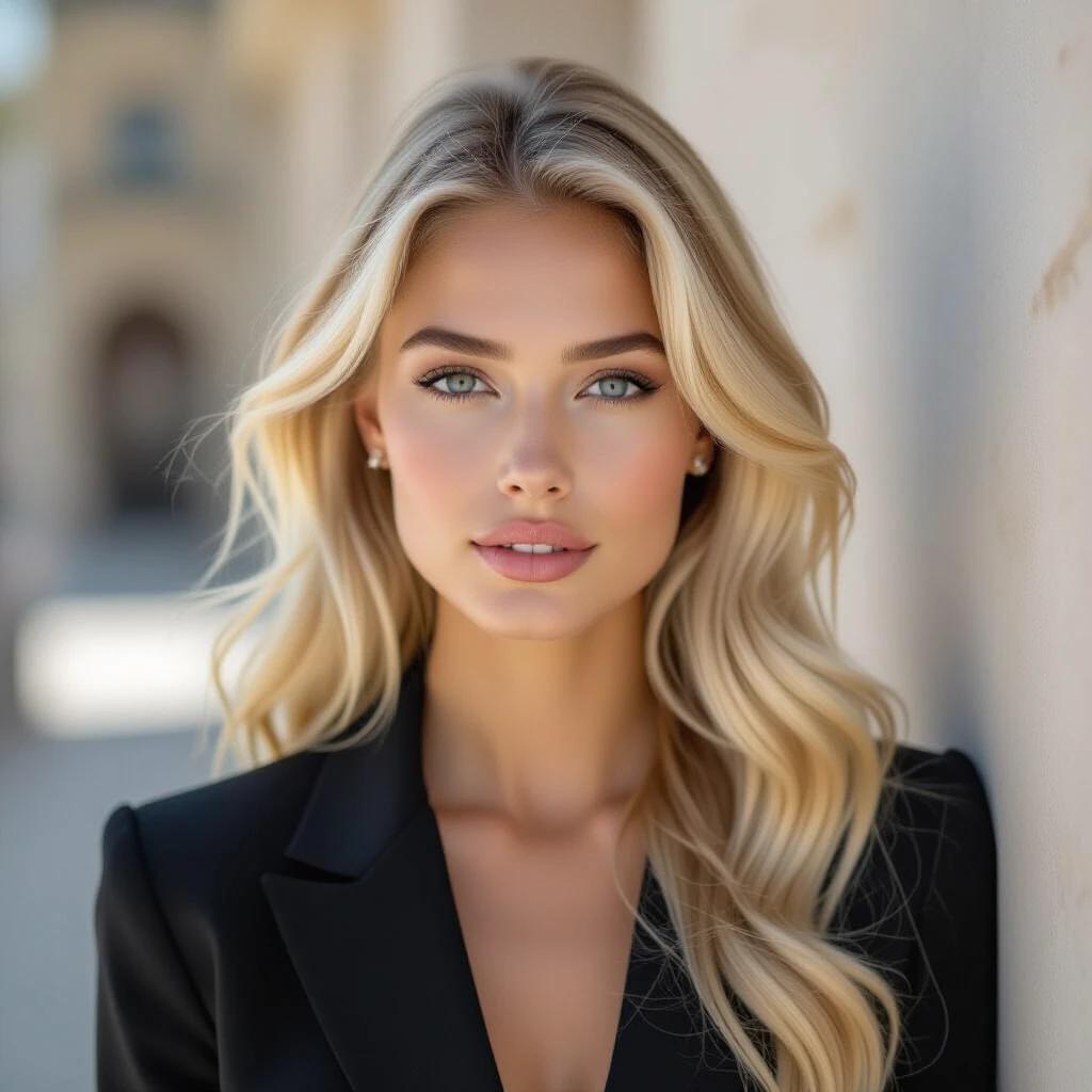 Generate an image featuring a glamorous German blonde supermodel wearing a black blazer. She has long flowing blonde hair and stands against a soft, warm background. The image should emphasize elegance and style.