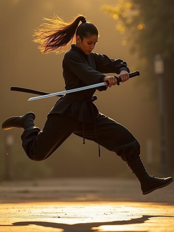 Young woman performs dynamic one-handed katana strike mid-air leap with both feet off the ground body angled forward right leg extended forward for landing right hand gripping katana all five fingers curled tightly around the wrapped leather hilt thumb hooked under the grip index finger aligned with the blade edge remaining fingers pressed against the hilt for stability left hand relaxed at her side palm facing inward anatomical precision visible tendons in forearms natural joint angles realistic curvature of knuckles and fingertips dressed in form-fitting black martial arts outfit no gloves showing skin texture katana blade has slight metallic shimmer warm golden-hour glow from side casting soft shadows beneath feet film style mimics Kodak Portra 400 with textured grain high contrast between deep blacks and metallic highlights focus on crisp detail in hand anatomy and sword edges ideal for cinematic action
