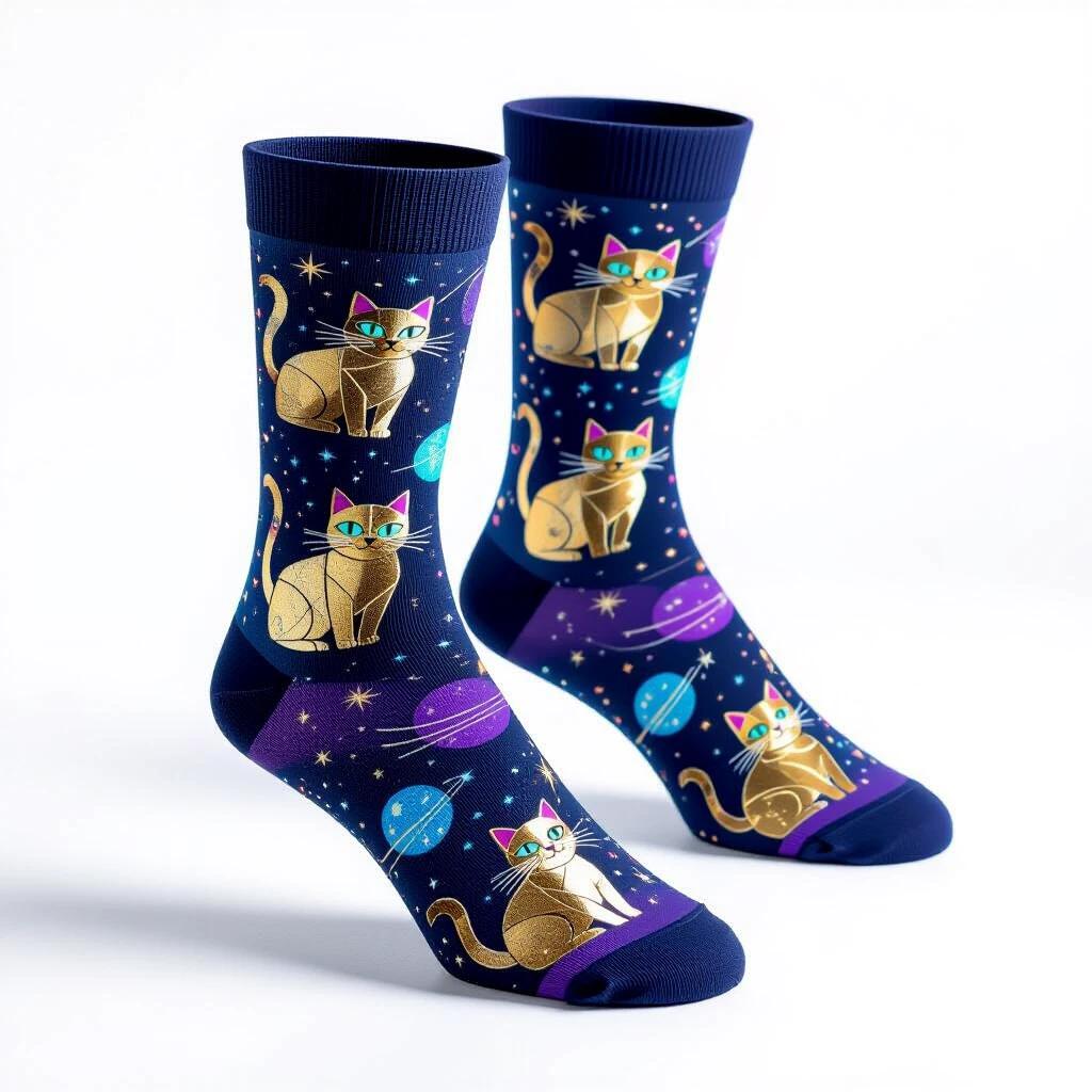 Product photo of crew socks with cosmic cat constellation designs. Illustration features geometric cats in metallic gold and silver. Glowing cyan eyes with constellation dots and shooting stars present. Deep navy blue fabric enhances purple gradients. Cats positioned at varying angles for dynamic movement. Small planets and moons fill in spaces. Socks positioned at slight angle showing front and side views. Clean white background with no distractions. Bright lighting and soft shadows emphasize metallic details. Shot from three-quarter angle highlighting full design. Professional photography captures crisp focus and vibrant colors.