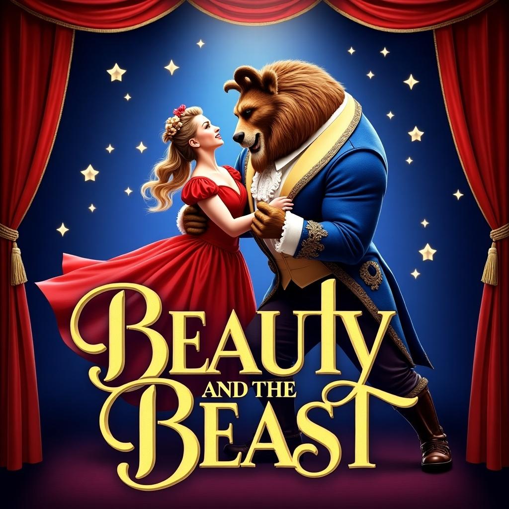 Beauty and the Beast pantomime poster featuring a princess in a red dress with golden hair alongside a character resembling a beast. The scene has a theatrical backdrop with vibrant colors and a whimsical design.