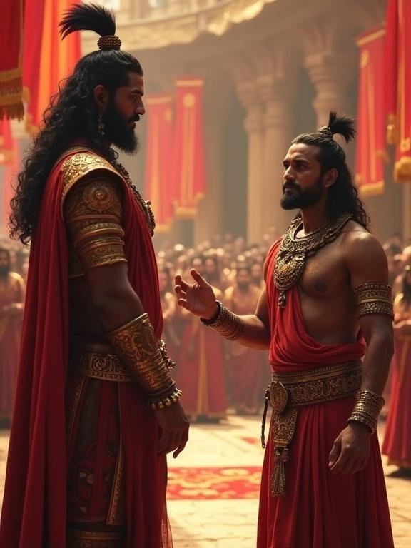 Duryodhana stands confidently. He proclaims Karna as the king of Anga. A gathered crowd and royal court watch. Karna looks surprised but honored. Duryodhana's expression shows political shrewdness and pride. Royal banners decorate the background. Courtiers display mixed reactions.