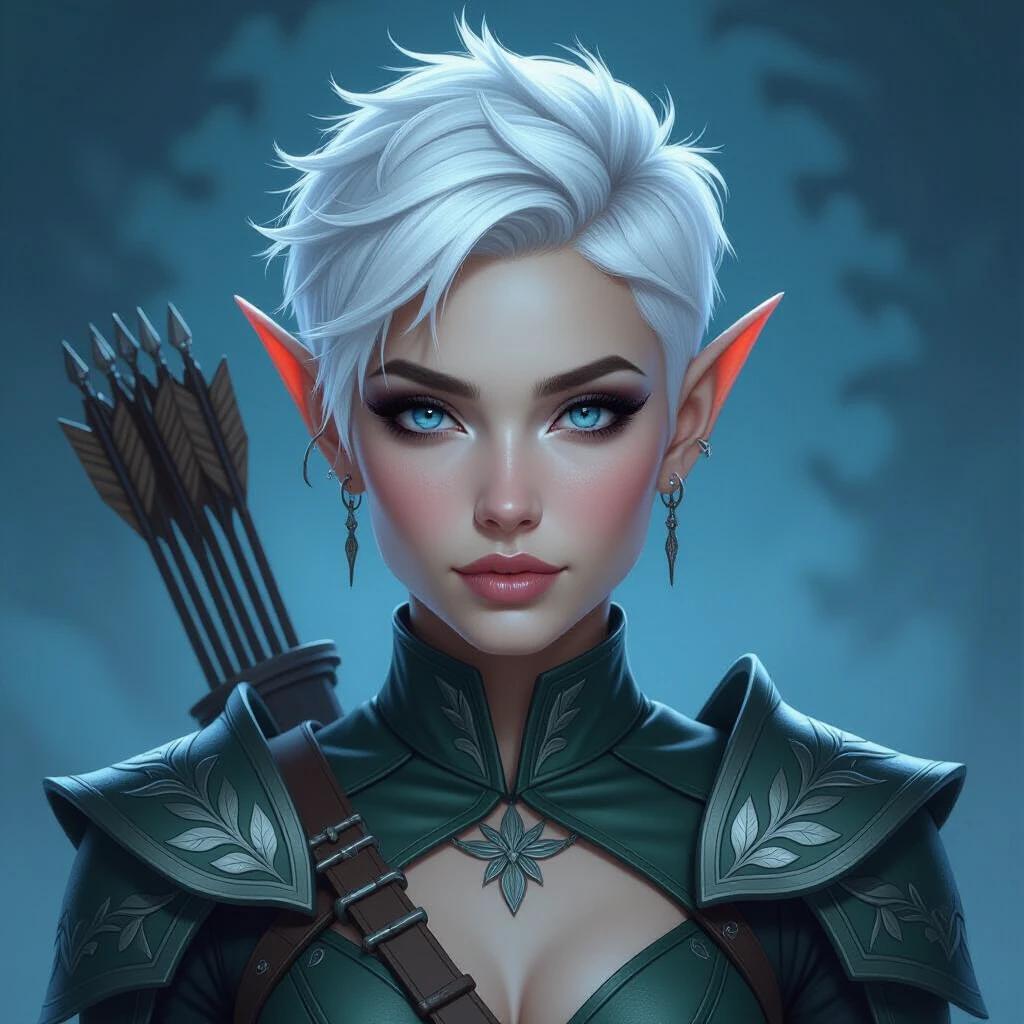 Female elf warrior portrait with fierce expression. Pale moonlit skin glows subtly. Short white hair with spikes and loose strands. Almond-shaped ice-blue eyes. Delicately pointed ears. High cheekbones and tapered chin. Dark green leather armor with silver leaf motifs. Quiver strap crossing chest. Medium close-up angle showing armored shoulders. Bold color palette with emerald and cobalt shades. Comic-book style with painterly rendering. White background for isolation.