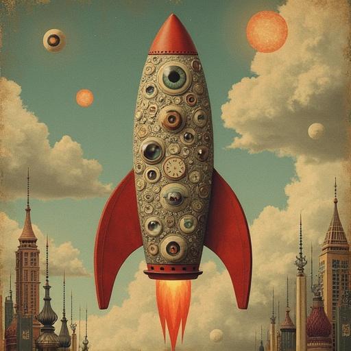 Surreal rocket made from eyes, wings, and clocks in a mixed media art style. Elements include vintage paper textures and dreamlike symbols. Artwork evokes a whimsical and dreamlike atmosphere.