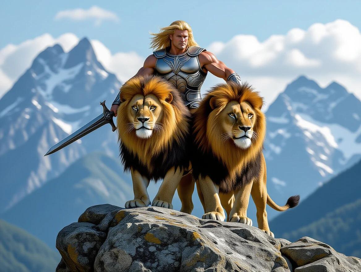 He-Man inspired character stands atop a mountain. Two majestic lions positioned beside him. Bright blue sky and mountains in the background. Character holds a sword. Strong and heroic pose. Vibrant colors enhance the scene.