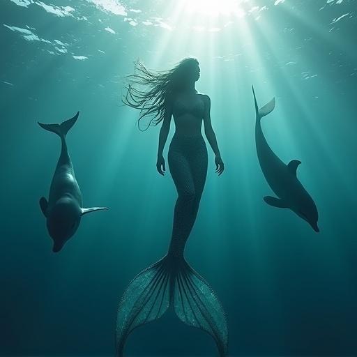 Wide body mermaid swimming in the sea accompanied by dolphins. Realistic portrayal with cinematic lighting effects. Front view perspective.
