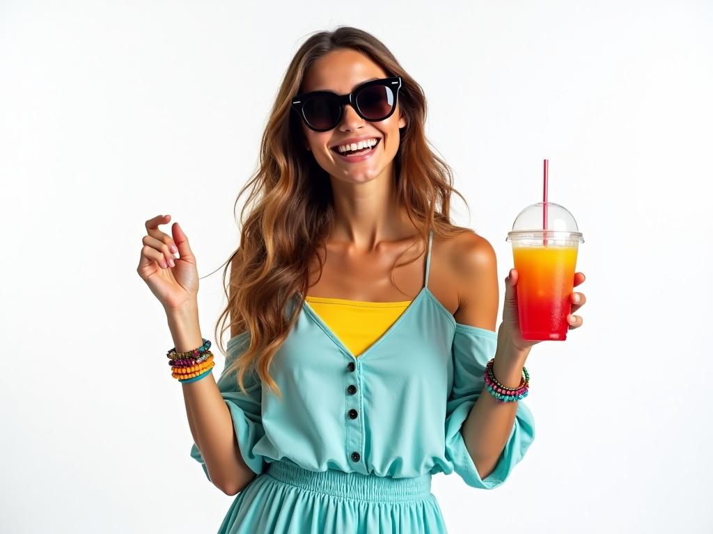 Cheerful young woman with long light brown hair in pastel blue dress. Yellow bikini top visible. Holding colorful smoothie in transparent cup. Wearing large black sunglasses and summer bracelets. Smiling with one arm raised. White background, studio lighting, vibrant colors.