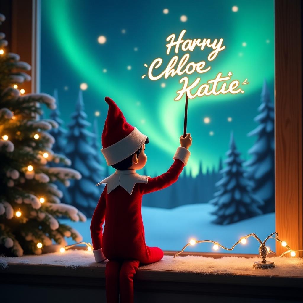 Enchanting Christmas scene with elf on shelf. Elf in red and white facing sky. Elf holds wand writing names in glowing letters. Vibrant northern lights in background. Festive and whimsical mood.