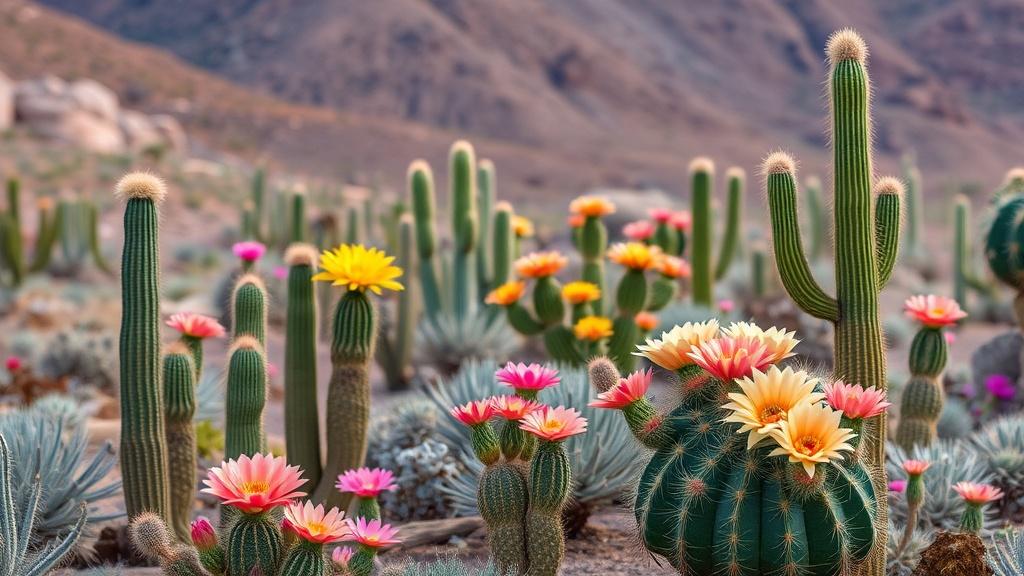 A vibrant desert scene showcasing cacti adorned with colorful blooms. The image captures a variety of flowering cacti, with hues of pink, yellow, and orange vividly contrasting against the muted tones of the desert landscape. The gentle lighting enhances the texture and colors, providing a tranquil yet lively atmosphere.