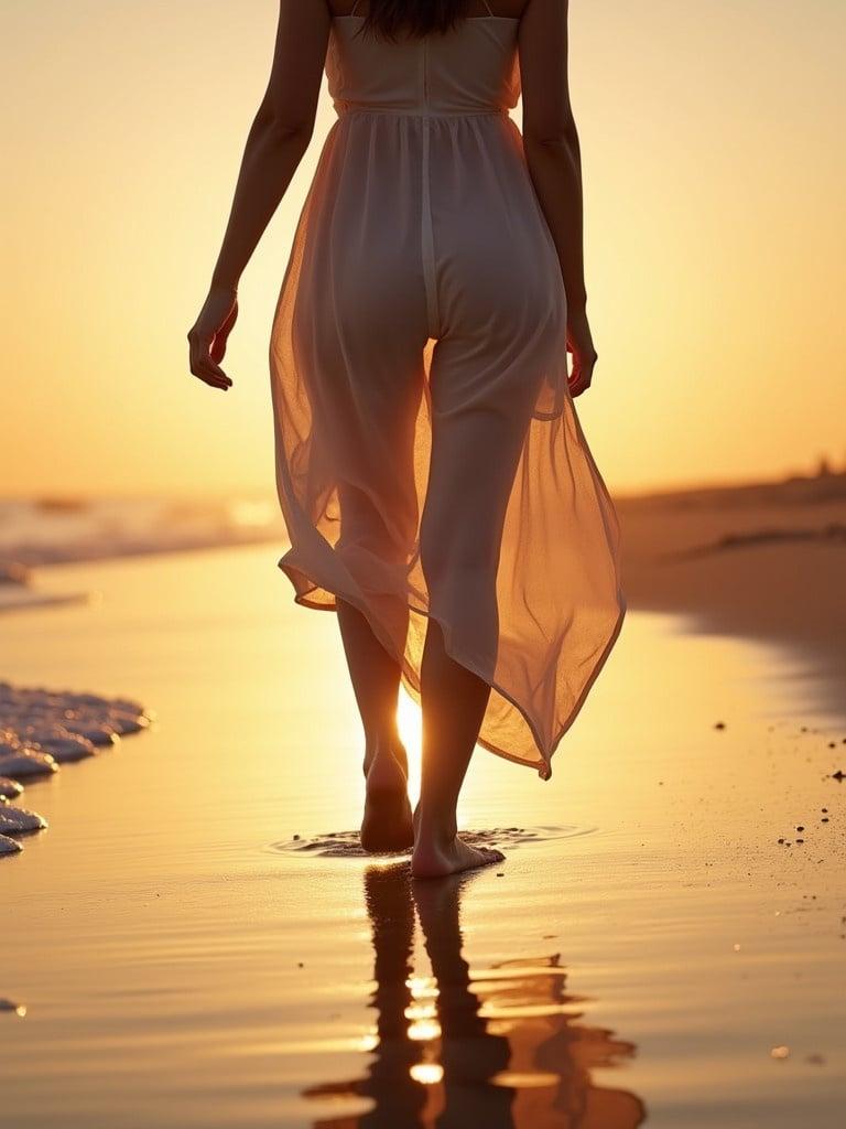 Barefoot walking along a serene beach at sunset. Golden hour lighting creates a warm atmosphere. Pose from back reveals feet soles are dirty and legs are wet. The person wears a flowing, semi-transparent dress that catches the golden light and glows softly. Edges of the garment flutter in the gentle breeze.