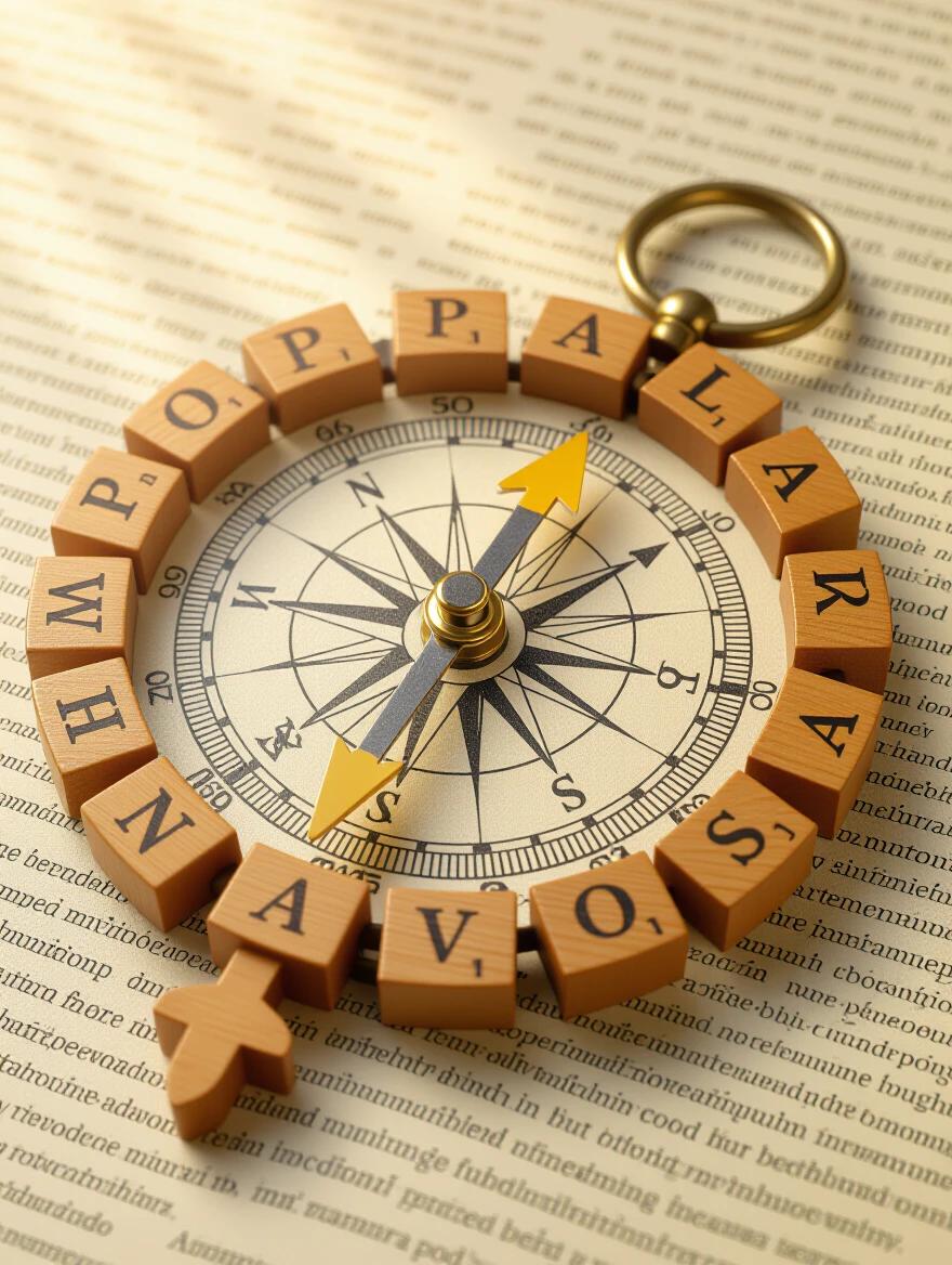 Compass pointing toward the word purpose. Surrounded by value words. Natural lighting adds warmth. Focus on macro details. Professional still life style.