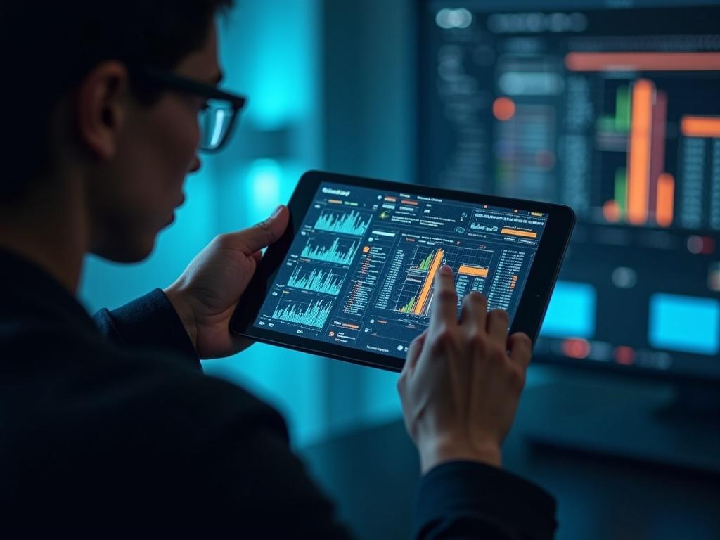 Person engages with dynamic graphics on a digital tablet concerning cryptocurrency.