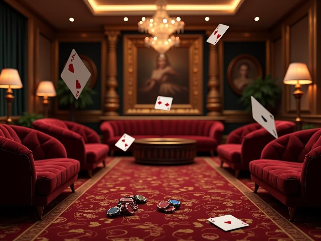 Create an elegant casino environment with a luxurious lounge. Use rich colors like gold, black, and deep red to enhance the opulence of the setting. Incorporate floating casino elements such as playing cards, poker chips, and dice that add a fun and dynamic feel to the atmosphere. Include subtle lighting effects that give depth and highlight the richness of the colors used. Ensure a balanced composition, utilizing whitespace effectively to maintain clarity and avoid clutter in the overall design.