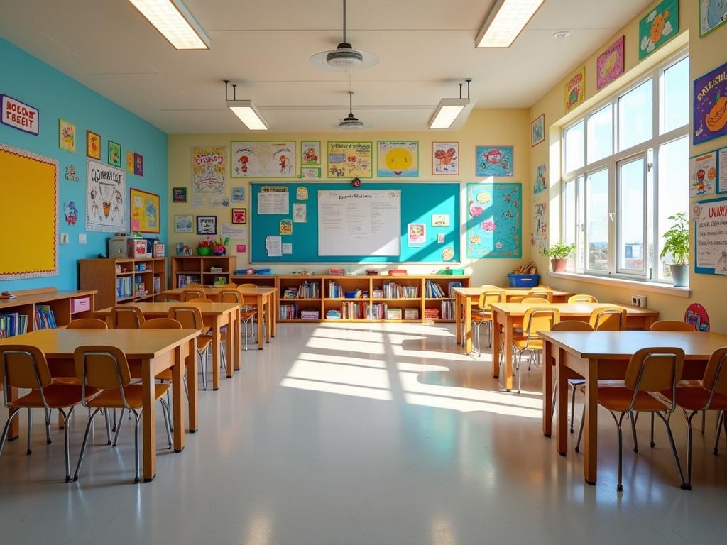 This image depicts an elementary school classroom. The room is bright and colorful, designed to engage young students. There are several desks arranged in a way that encourages group activities and interaction. The walls are adorned with numerous educational posters and children’s artwork, showcasing the creativity of the students. The room is well-organized with chairs neatly placed under the desks. Various learning materials are visible on shelves, contributing to a stimulating learning environment.