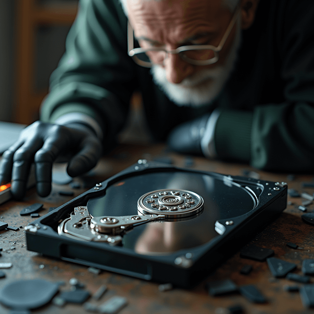 An elderly man with glasses and gloves examines the internal components of a disassembled hard drive.