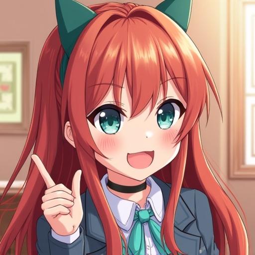 Character with long red hair and green headband. Wearing a school uniform. Standing in a cozy room pointing at something. Background indicates a homely setting.