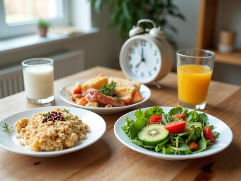 A table displays three healthy meals consisting of oatmeal with fruit for breakfast, a protein and vegetable dish for lunch, and a light salad for dinner. A clock on the table indicates meal times.