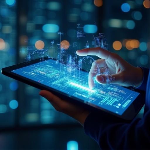 Person engaging with dynamic graphics on a digital tablet showcasing innovative data interaction