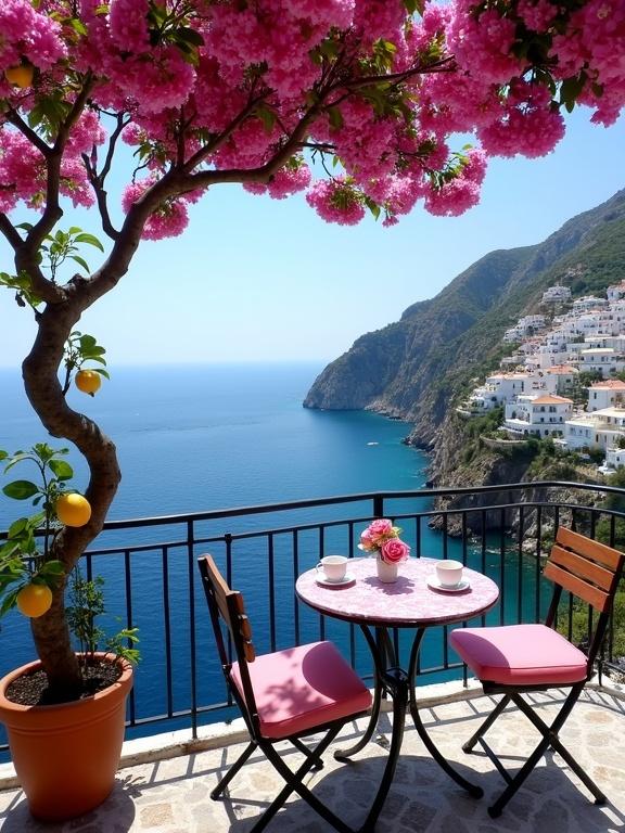 A picturesque scene of a terrace overlooking the sea. A round black table with pink cloth hosts two cups and roses. Two chairs are beside the table. A lemon tree in a pot is nearby. Bougainvillea flowers create a canopy. White buildings on a rocky hillside are background. The scene feels tranquil and charming.