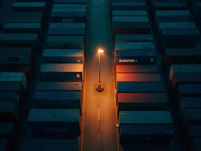 Overhead shot of a shipping container yard at night. Rows of stacked cargo containers in dark colors. Streetlight illuminates corridor between containers. Strong contrast and moody atmosphere. Minimal and symmetrical composition.