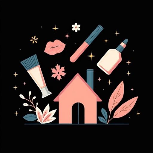 Illustration features a home icon in the center Beauty tools for both men and women float around it Includes cosmetics such as lipstick and tube cream Colors are pink and purple on a black background