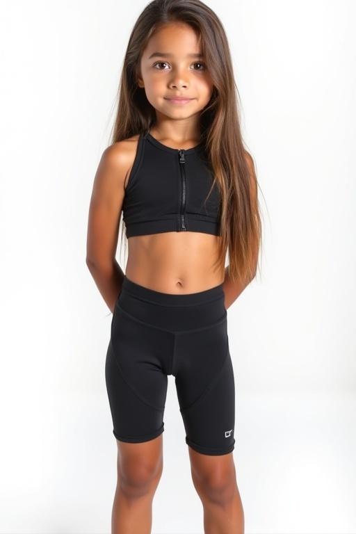 A girl stands confidently wearing a fitted crop top and cycling shorts. Long straight hair flows down. She showcases a healthy appearance with tanned skin. A white background emphasizes her athletic attire.