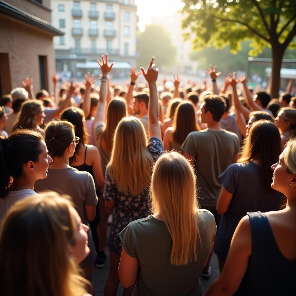 A diverse group of people are gathered together in celebration, showcasing a vibrant atmosphere. They raise their hands joyfully, reflecting community engagement and support for micro-investing. The scene conveys positive emotions and collective effort. Sunlight creates a warm ambiance, enhancing the lively expressions of the crowd.