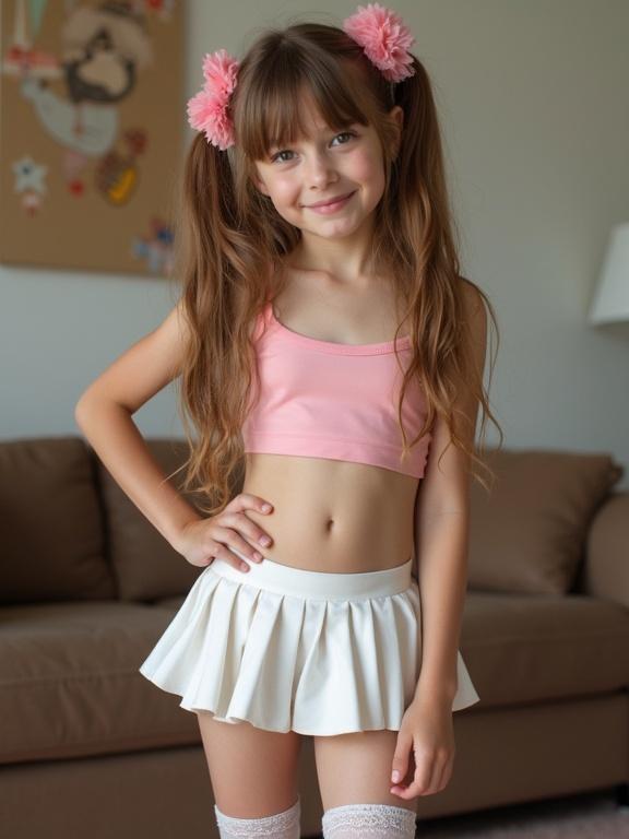 A young girl with long brown hair in twin tails. She wears pink bows and a crop top. The setting is a living room. A slim waist and a smile. A white pleated skirt and thigh-high socks with lace. The photo has a low resolution and bright colors characteristic of early smartphone photography.
