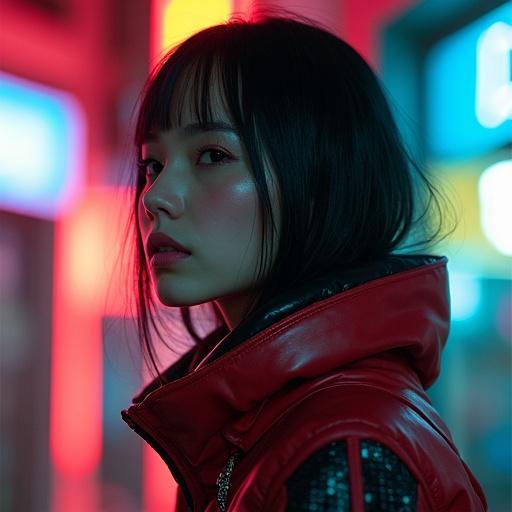 Close-up portrait of a person with a stylish red jacket in a neon-lit setting. High contrast and dramatic lighting highlight the subject's features.