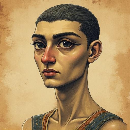 Vintage illustration of a man done in pencil drawing style featuring muted colors. The background resembles ancient manuscripts. The man has an elongated face shape and large, outlined eyes indicative of Egyptian style. No contemporary elements are present. The overall texture resembles canvas.