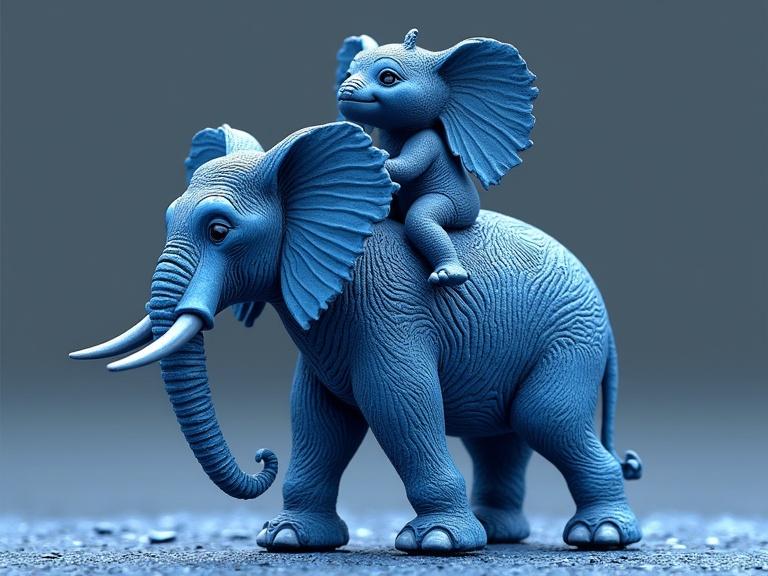 Blue 3D sculpture of a majestic elephant and baby elephant. The sculpture features intricate detailing and a smooth finish. Elephants appear realistic with textured skin. The art style is modern and playful.
