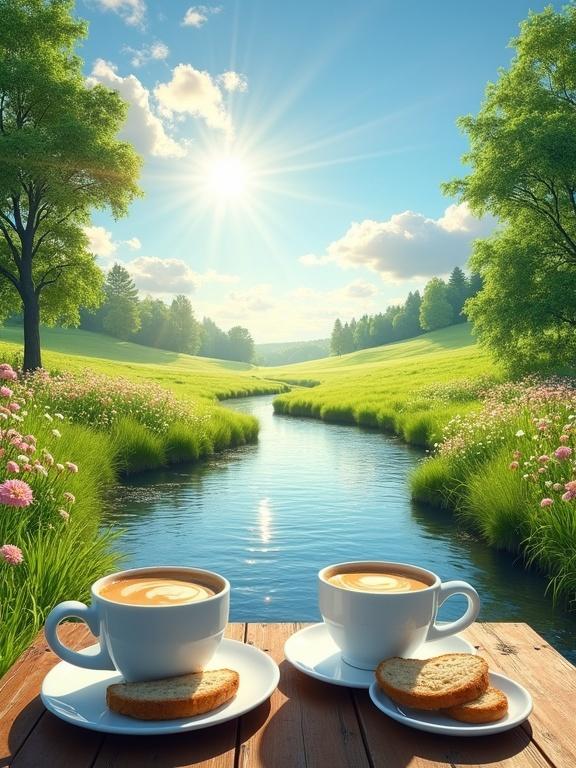 Serene natural scene with gentle river and lush green meadow Two white coffee cups with foam and smoke on wooden table Two sandwiches on white plates Sunny day with fluffy clouds and radiant sunlight