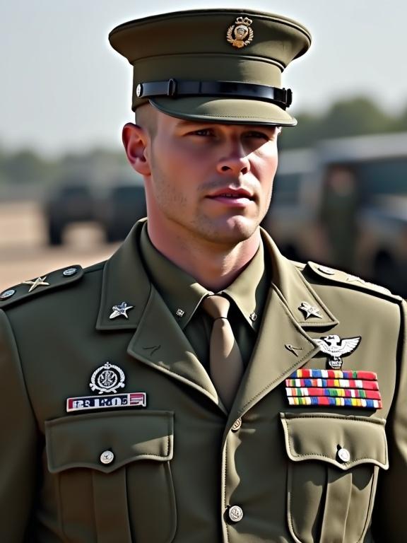 A figure stands in a military uniform resembling a United States Army general. The costume features various medals and badges. Natural daylight illuminates the uniform's details against a blurred military vehicle background.